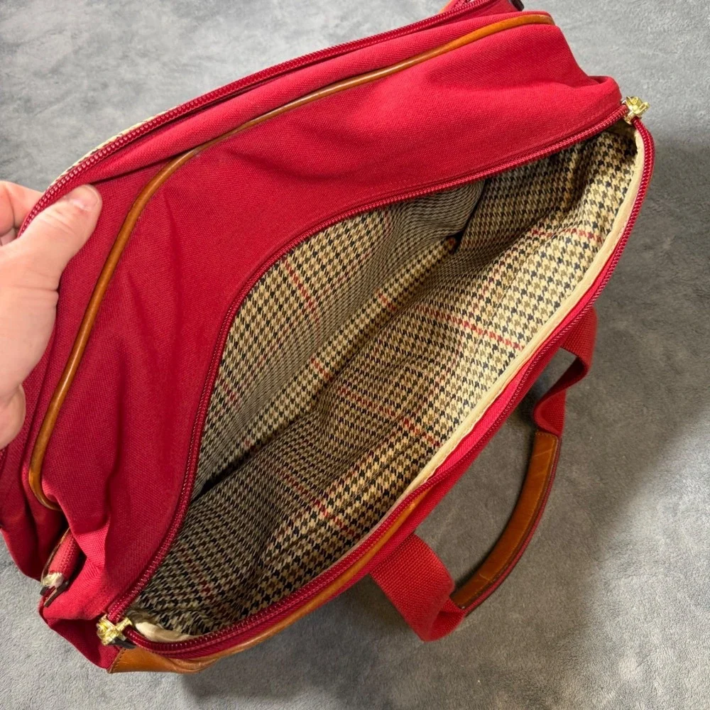 Lands End Red Canvas Duffle Bag Leather Trim Travel Carry On Weekender Luggage